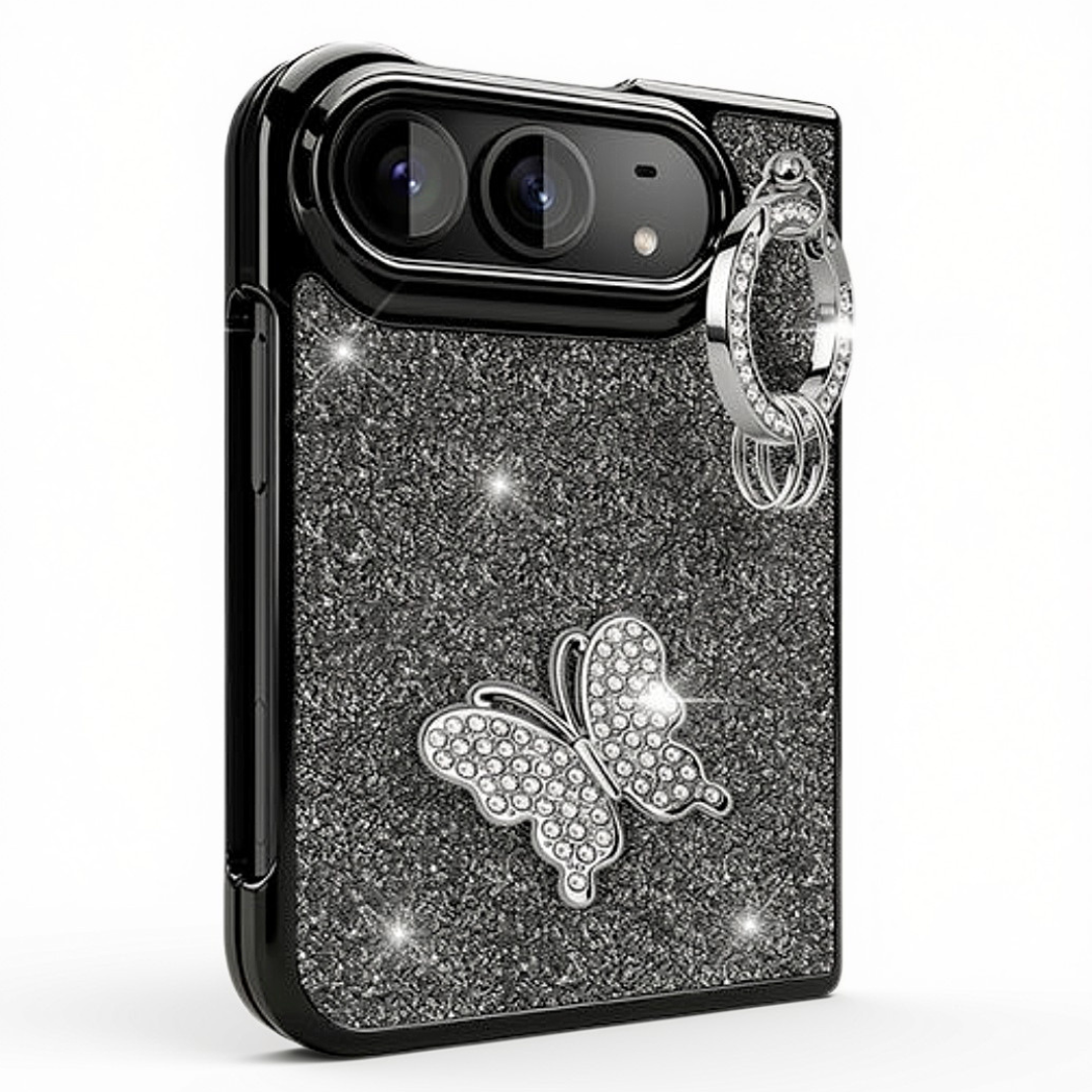 iPhone Duo (Foldable) Electroplated Glitter Butterfly Ring Stand Case – Silver