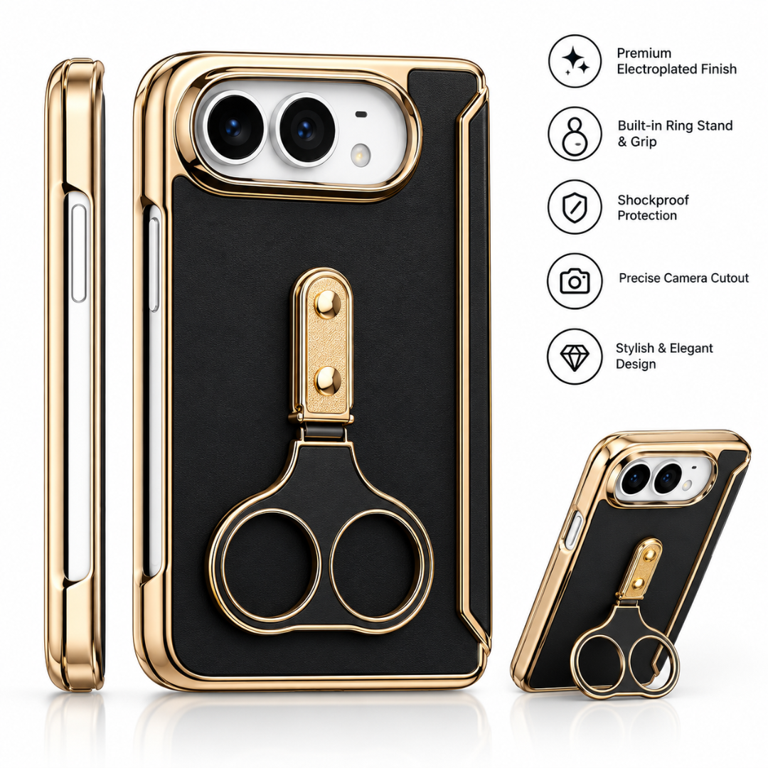 iPhone Duo (Foldable) Black Leather-Texture Case with Gold Ring Stand