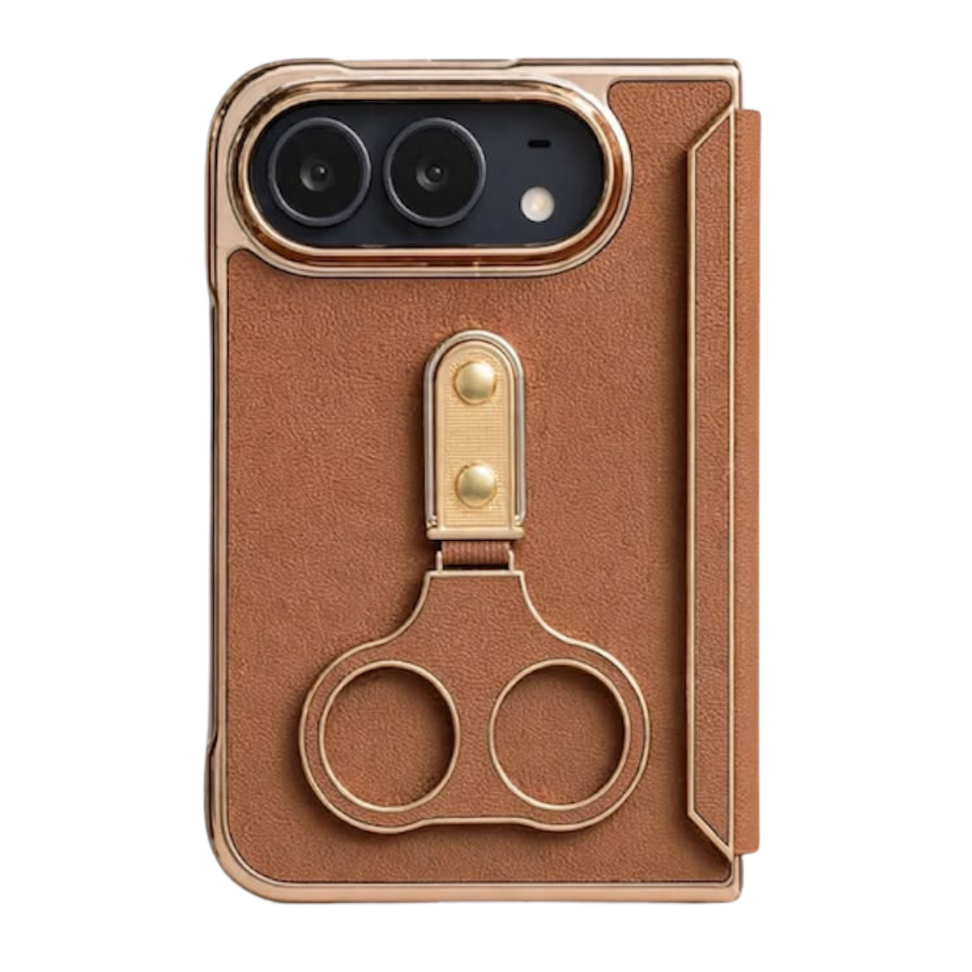 iPhone Duo (Foldable) Brown Leather-Texture Case with Gold Ring Stand