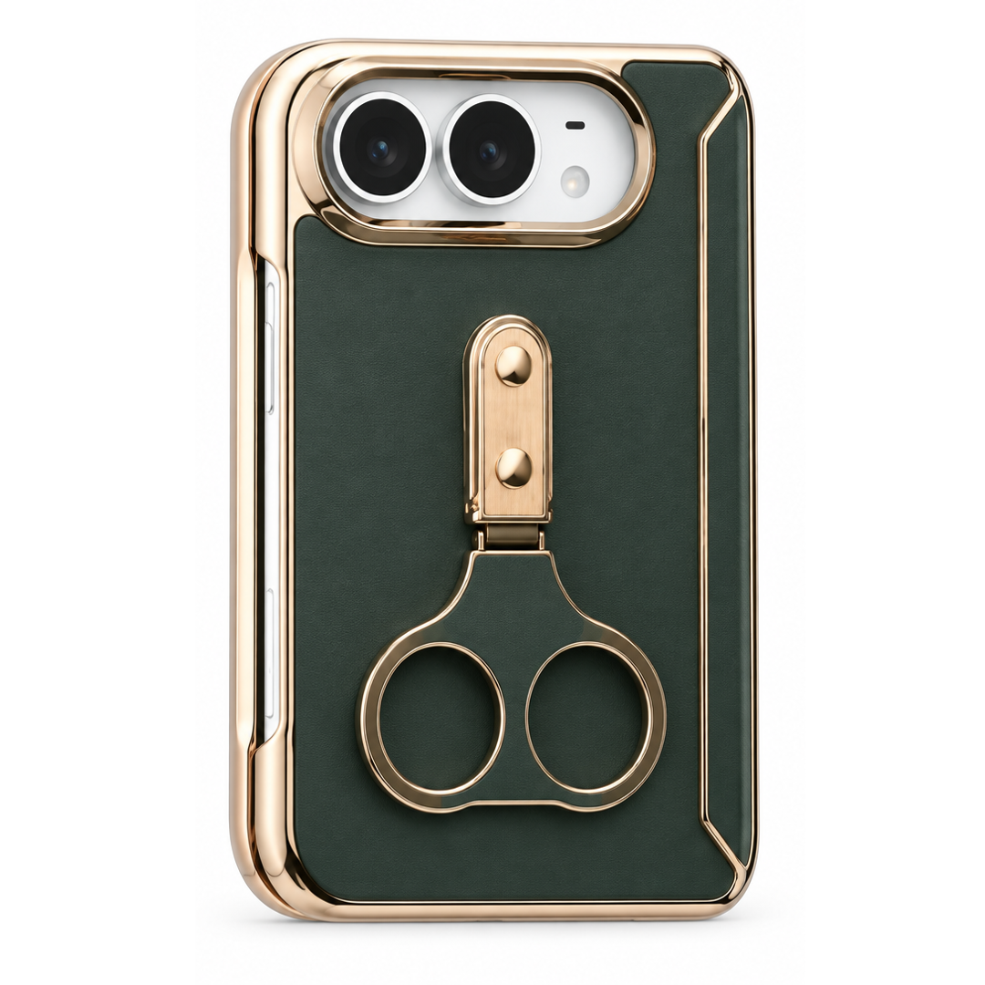 iPhone Duo (Foldable) Green Leather-Texture Case with Gold Ring Stand