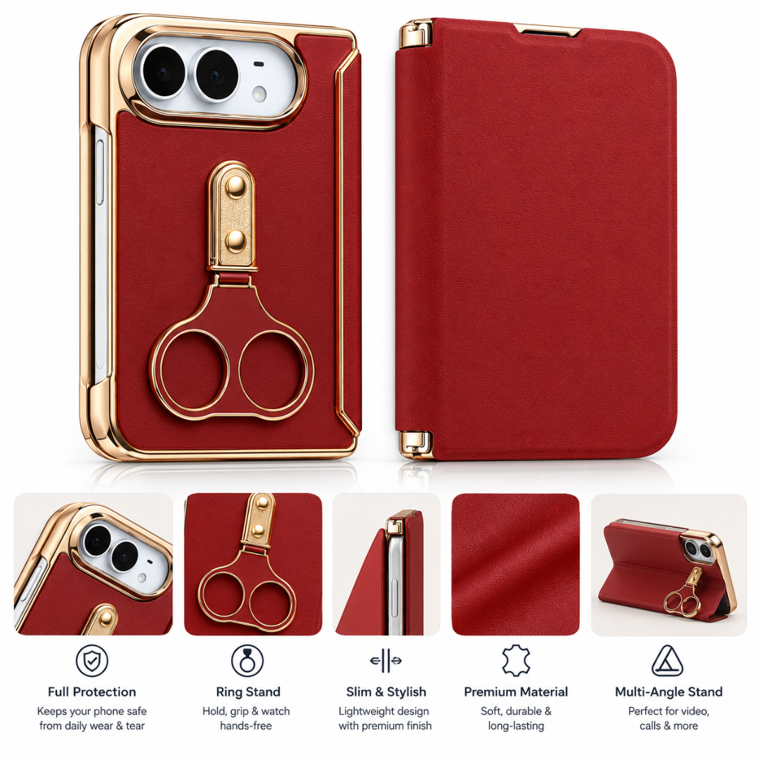 iPhone Duo (Foldable) Red Leather-Texture Case with Gold Ring Stand