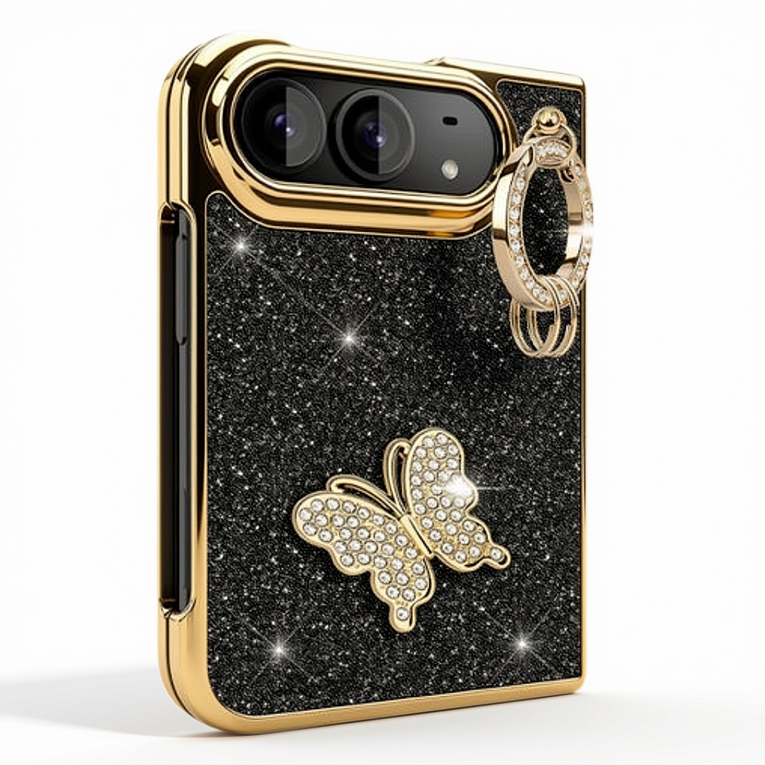 iPhone Duo (Foldable) Electroplated Glitter Butterfly Ring Stand Case – Gold