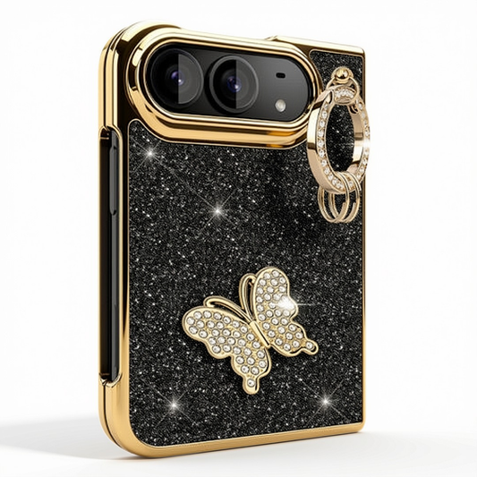 iPhone Duo (Foldable) Electroplated Glitter Butterfly Ring Stand Case – Gold
