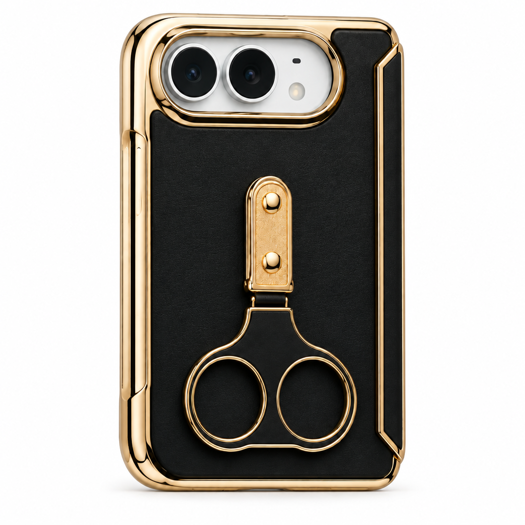 iPhone Duo (Foldable) Black Leather-Texture Case with Gold Ring Stand