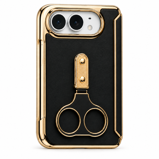 iPhone Duo (Foldable) Black Leather-Texture Case with Gold Ring Stand