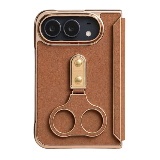 iPhone Duo (Foldable) Brown Leather-Texture Case with Gold Ring Stand