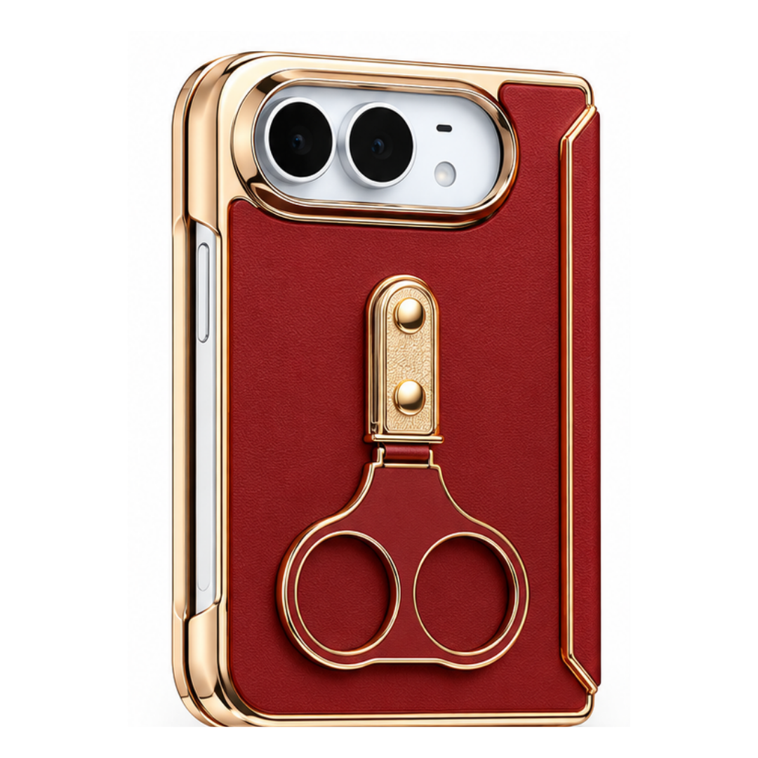 iPhone Duo (Foldable) Red Leather-Texture Case with Gold Ring Stand