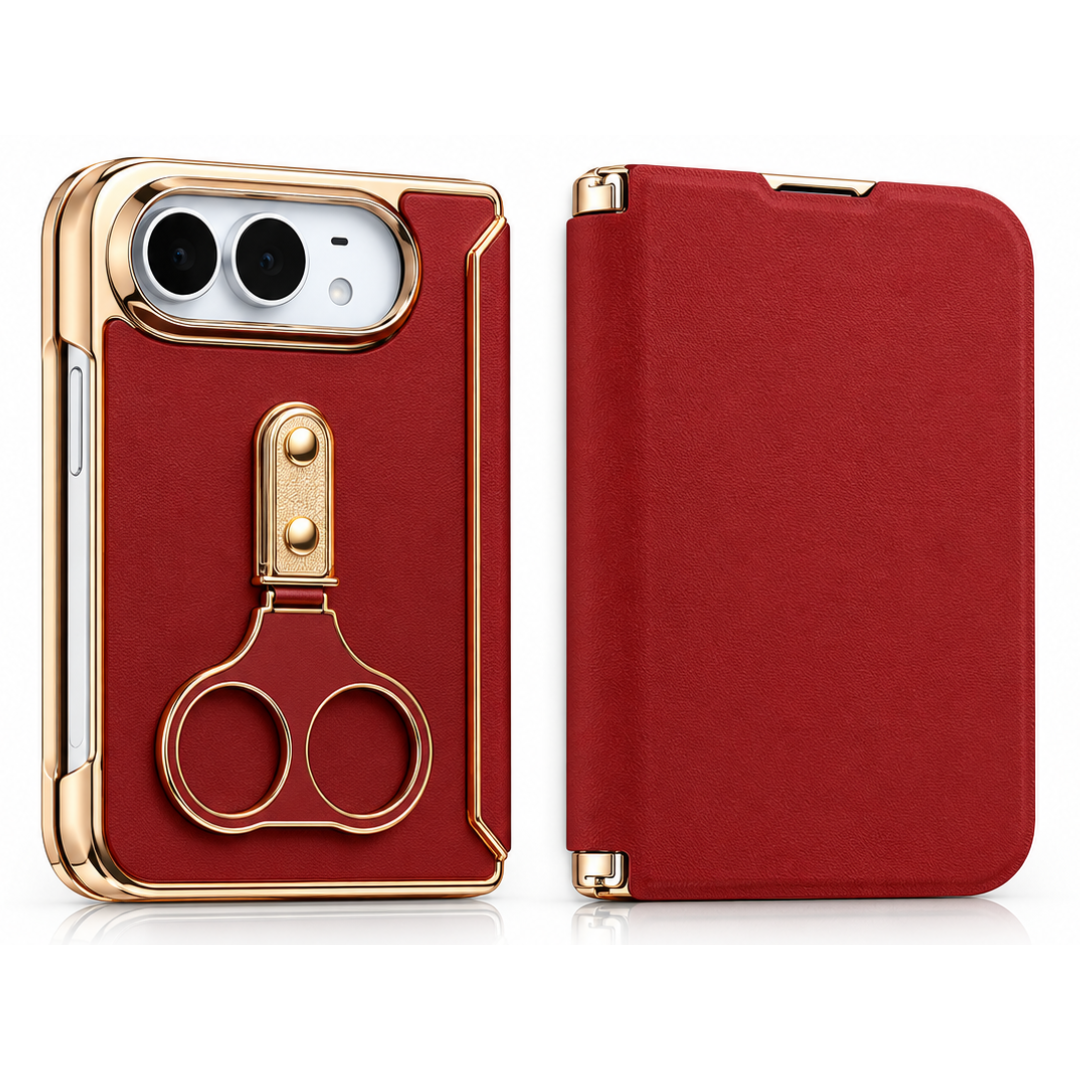 iPhone Duo (Foldable) Red Leather-Texture Case with Gold Ring Stand